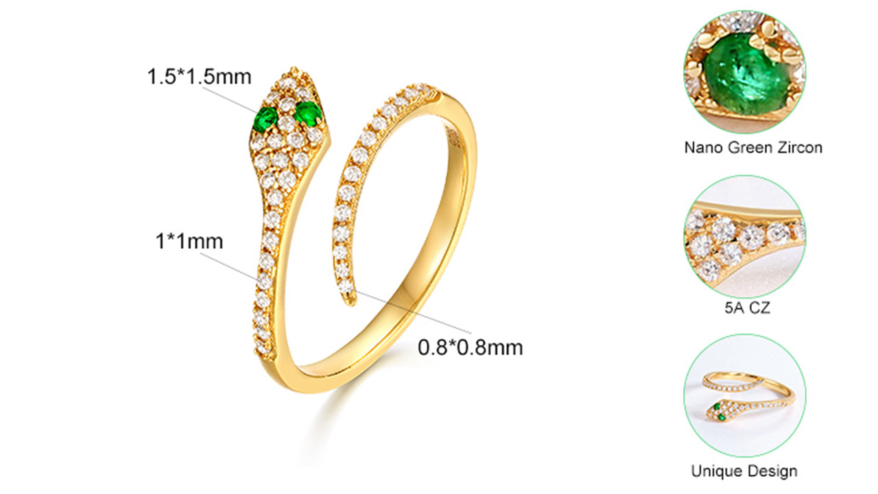 Animal jewellery CZ diamond gold plated 925 Sterling silver snake wrap ring (2)